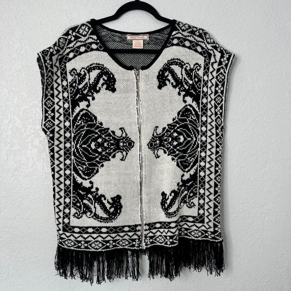 Flying Tomato Black White Boho Fringe Zipper Sweater Vest Cardigan Women S/M